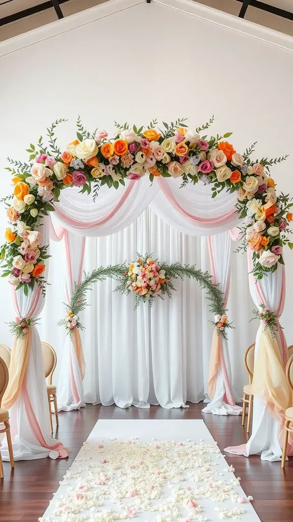21 Stunning Indoor Wedding Ideas You've Got to See 8 A beautifully decorated wedding ceremony arch with colorful flowers and soft draping fabric.