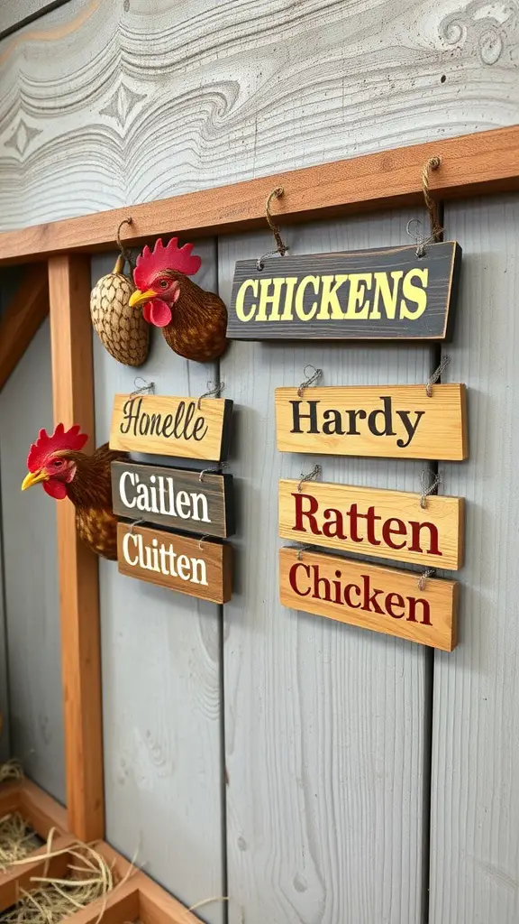 15 Creative Chicken Coop Decor Ideas to Enhance Your Backyard 12 Personalized chicken name tags hanging in a chicken coop