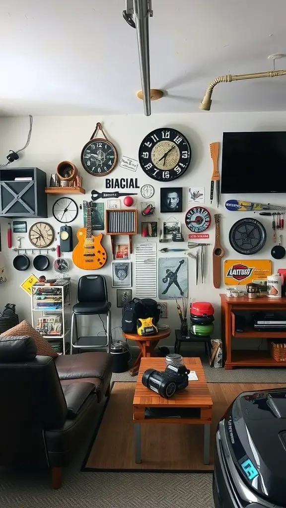 23 Stylish Garage Lounge Ideas You’ll Love 13 A stylish garage lounge with personalized decor elements including clocks, a guitar, and various wall art.