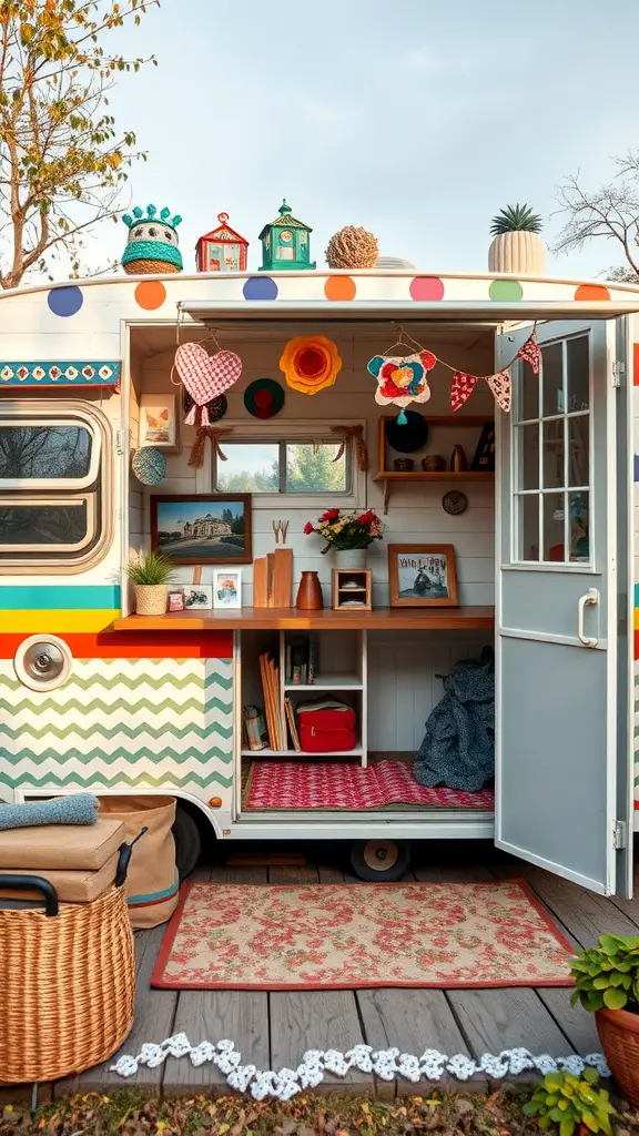 A colorful camper interior with personalized decor, including lanterns, banners, and cozy textiles.