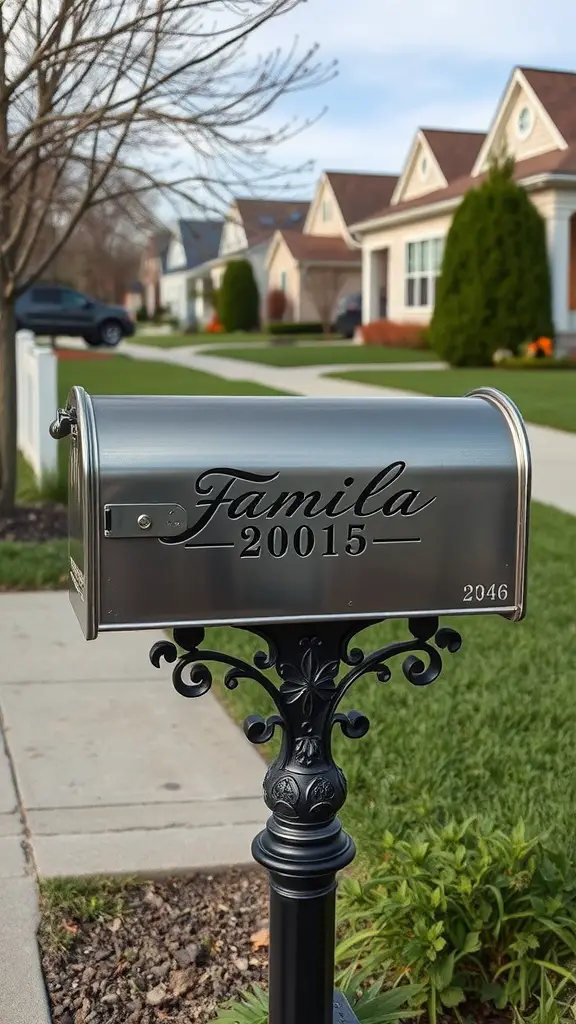 Personalized engraved mailbox with the name 'Familia' and a decorative stand in a residential area.