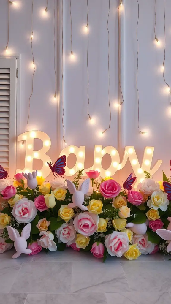 Personalized fairy garden decor featuring roses, butterflies, and illuminated 'Baby' sign.
