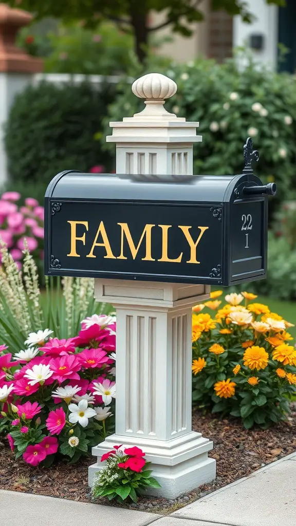 A black mailbox with the word 'FAMILY' on it, surrounded by colorful flowers.