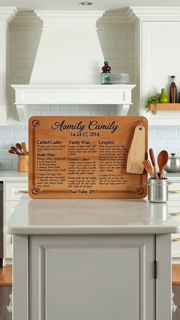 Wooden board with family recipes engraved, displayed on a kitchen island.