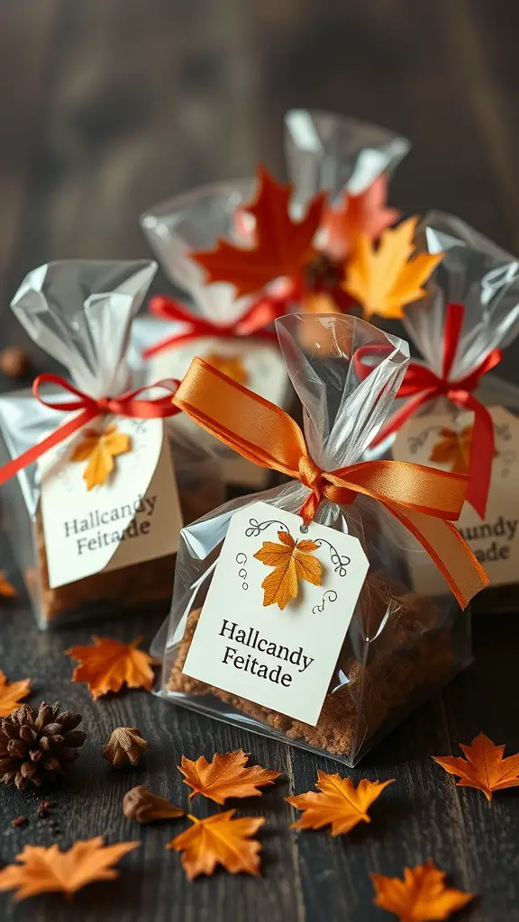 Autumn-themed personalized favors packaged with ribbons and leaves