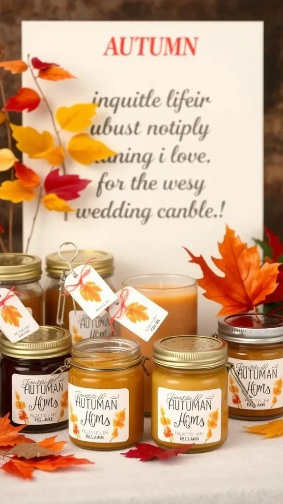 An assortment of autumn-themed candle jars with colorful leaves and personalized tags.