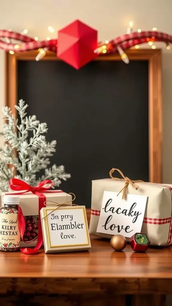 A festive display of personalized gifts with decorative elements, including a small tree and colorful gift tags.