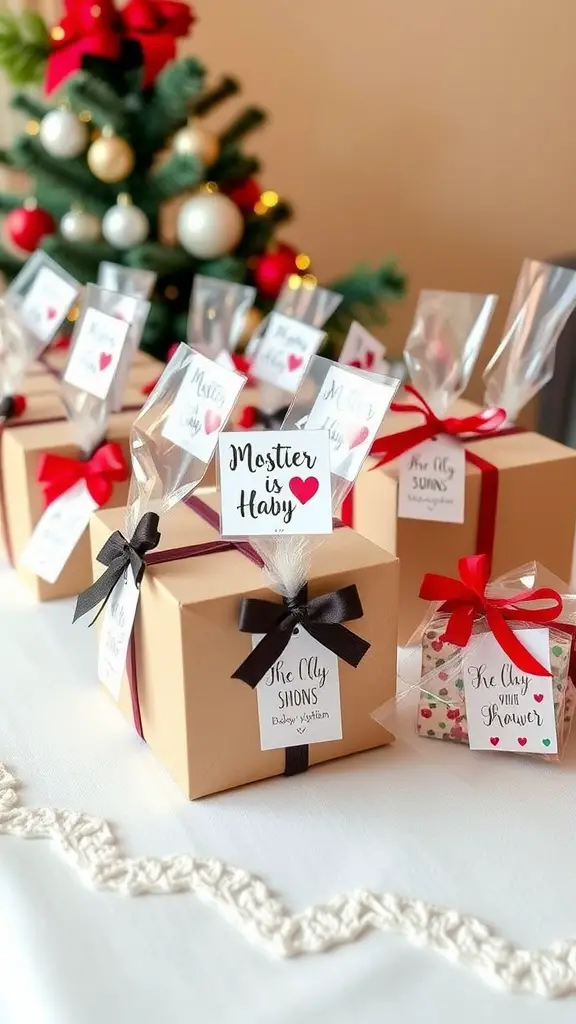 23 Creative Baby Shower Ideas for December Celebrations 4 Holiday-themed personalized baby shower favors in decorative boxes with ribbons and festive tags