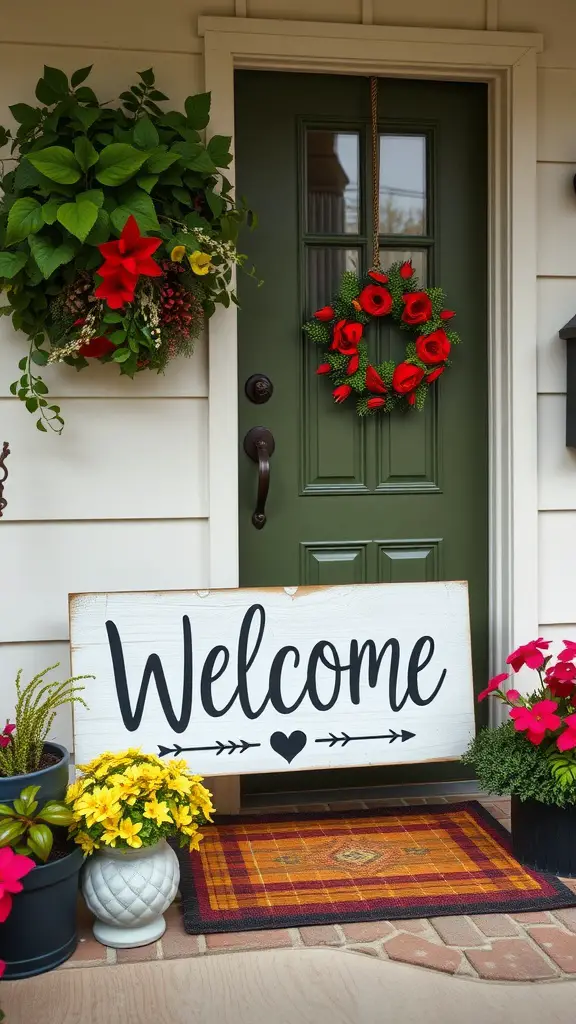 A large welcome sign in front of a green door, decorated with red flowers and a wreath.
