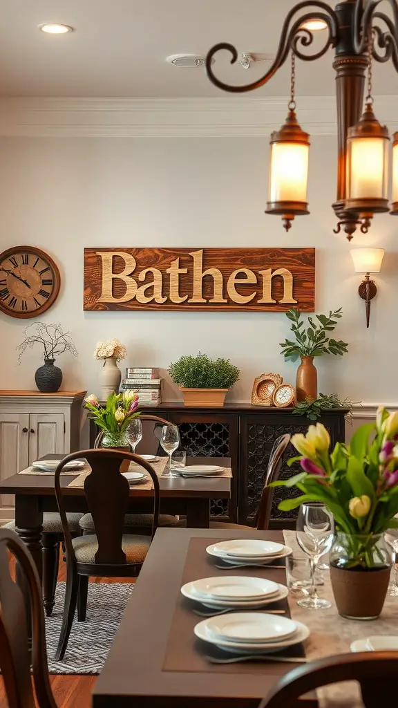 21 Stunning Dining Room Wall Decor Ideas to Transform Your Space 11 Personalized wooden name sign 'Bathen' in a stylish dining room