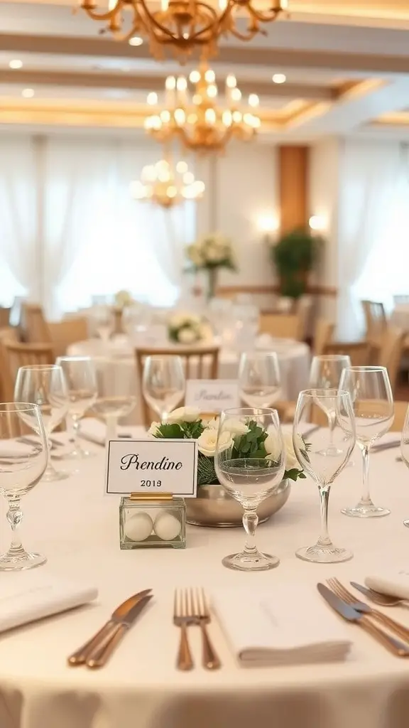 23 Stunning Banquet Decoration Ideas for Your Next Event 2 Elegant banquet table with personalized place cards, floral centerpiece, and glassware.