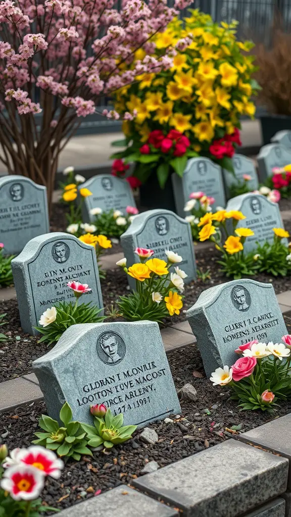 A memorial garden with personalized stone markers surrounded by colorful flowers.