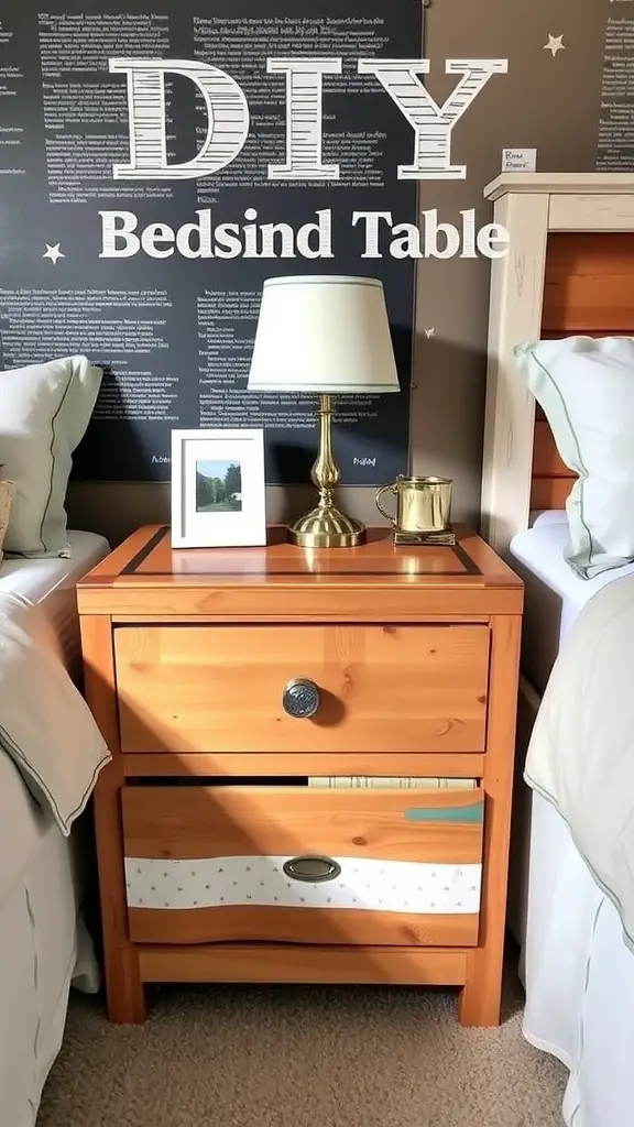 21 Stunning Bedside Table Ideas for Every Style 15 A DIY bedside table with two drawers, a lamp, and a picture frame beside a bed.