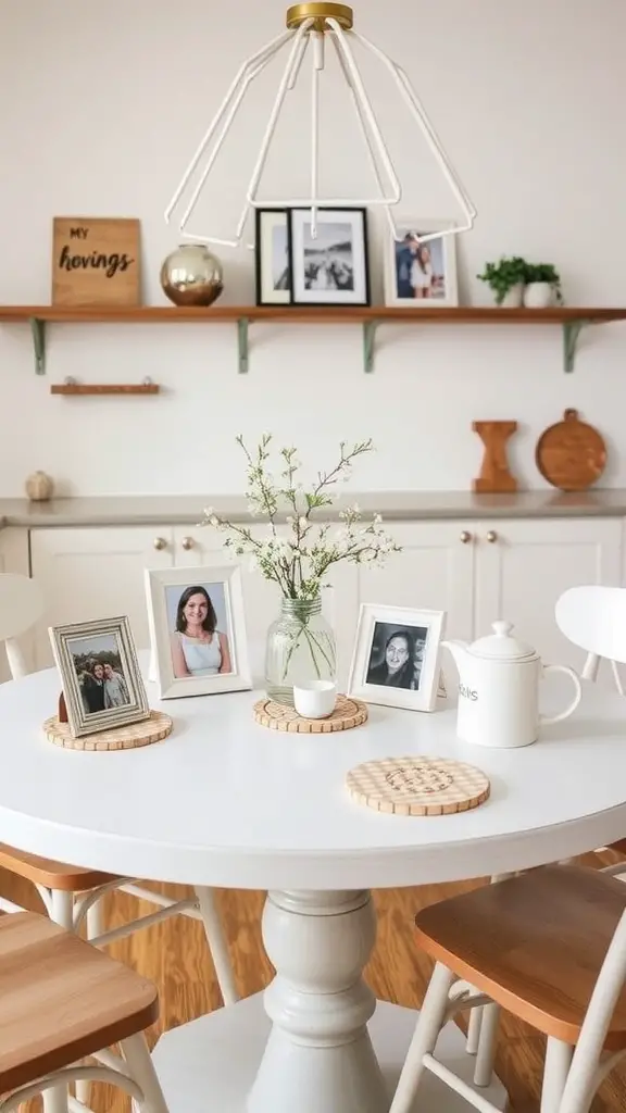 15 Stunning Round Kitchen Table Decor Ideas to Transform Your Space 17 A round kitchen table with framed photos, flowers, coasters, and a teapot.