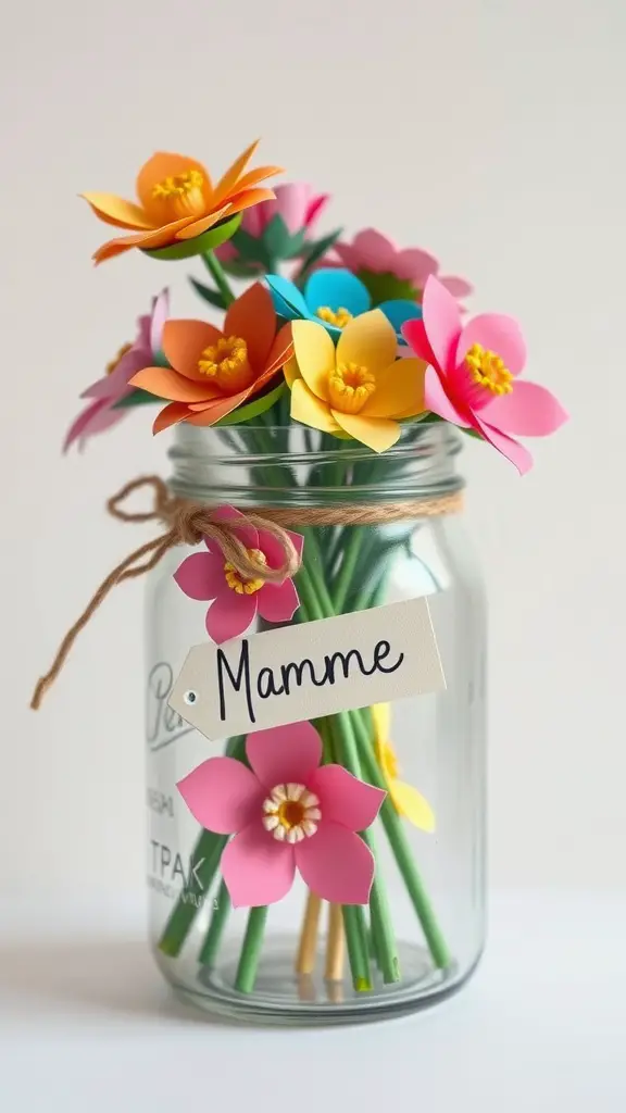 A mason jar filled with colorful paper flowers and a tag that says 'Mamme'