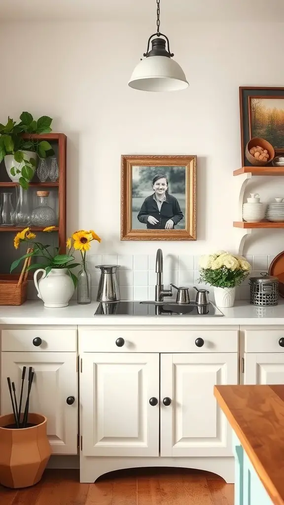 A cozy French cottage kitchen featuring personalized wall art and warm decor.