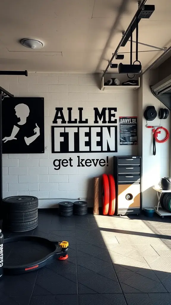 21 Inspiring Garage Gym Ideas for Your Home Workout Space 5 A garage gym wall with motivational text 'ALL ME FTEEN get keve!' and a modern design.