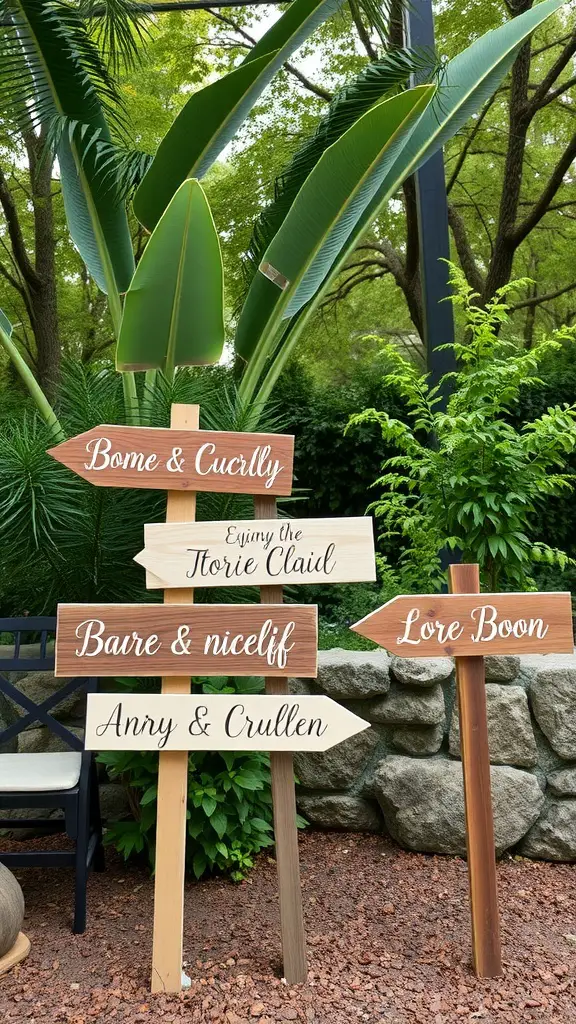 21 Affordable and Creative Backyard Wedding Ideas 9 Wooden wedding signs displaying names and messages in a garden setting