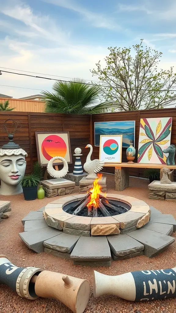 17 Stunning Outdoor Fire Pit Area Ideas for Cozy Gatherings 12 An outdoor fire pit area with colorful artwork, decorative plants, and cozy seating.