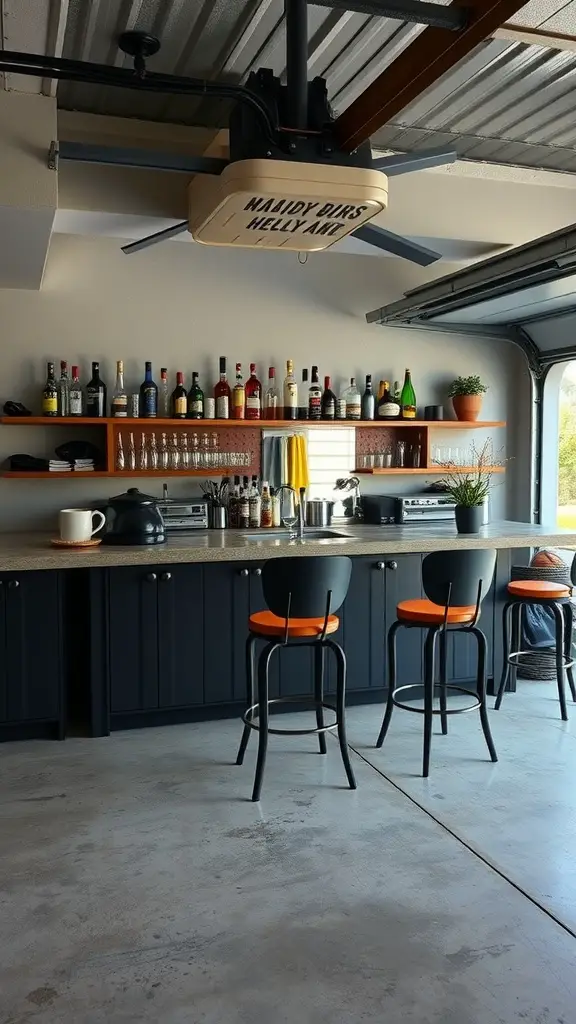 25 Creative Garage Living Space Ideas to Transform Your Home 11 Stylish garage home bar with colorful stools and shelves filled with various bottles and glassware.