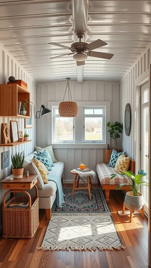 23 Innovative Storage Container Homes You Need to See 17 A cozy living area in a container home with comfortable sofas, decorative cushions, plants, and natural light.