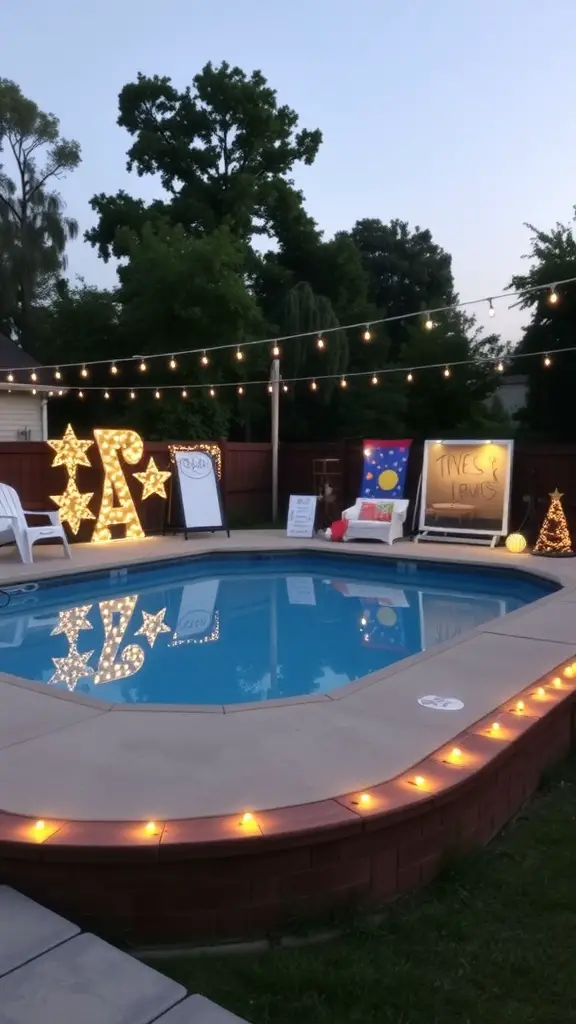 21 Stunning Above Ground Pool Deck Designs for Your Backyard 13 A decorated above-ground pool area with lights and festive decor