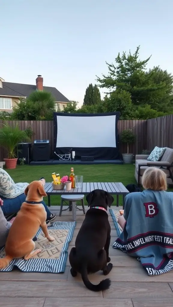 19 Creative Ideas for Epic Backyard Movie Nights 16 A cozy backyard movie night setup with two dogs and their humans watching a movie on a large screen.