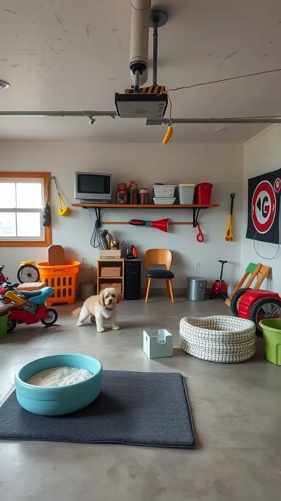 27 Creative Garage Hangout Ideas for Ultimate Chill Time 13 A warm pet play zone in a garage with dog bed, toys, and space for play.