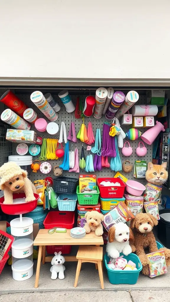 21 Creative Garage Sale Ideas to Boost Your Sales 14 A vibrant display of pet supplies including colorful bowls, toys, and stuffed animals at a garage sale.