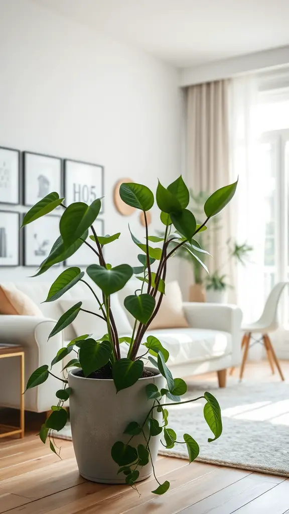 15 Stunning Indoor Hanging Plants to Transform Your Space 8 A healthy Philodendron plant in a modern pot beside a cozy couch, showcasing its vibrant green leaves.