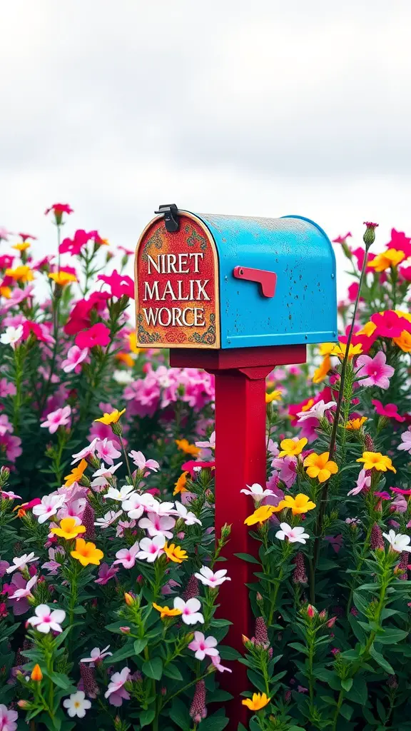 19 Stunning Mailbox Plants to Enhance Your Curb Appeal 16 A bright blue mailbox surrounded by colorful phlox flowers in pink, white, and yellow.