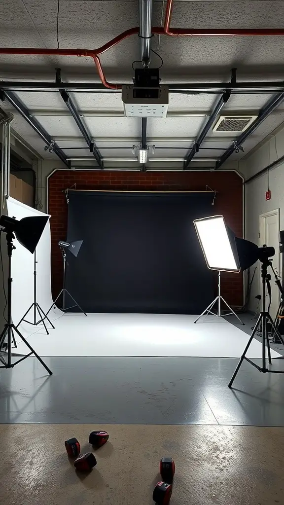 27 Creative Garage Hangout Ideas for Ultimate Chill Time 4 Photography studio setup in a garage with lights and a black backdrop