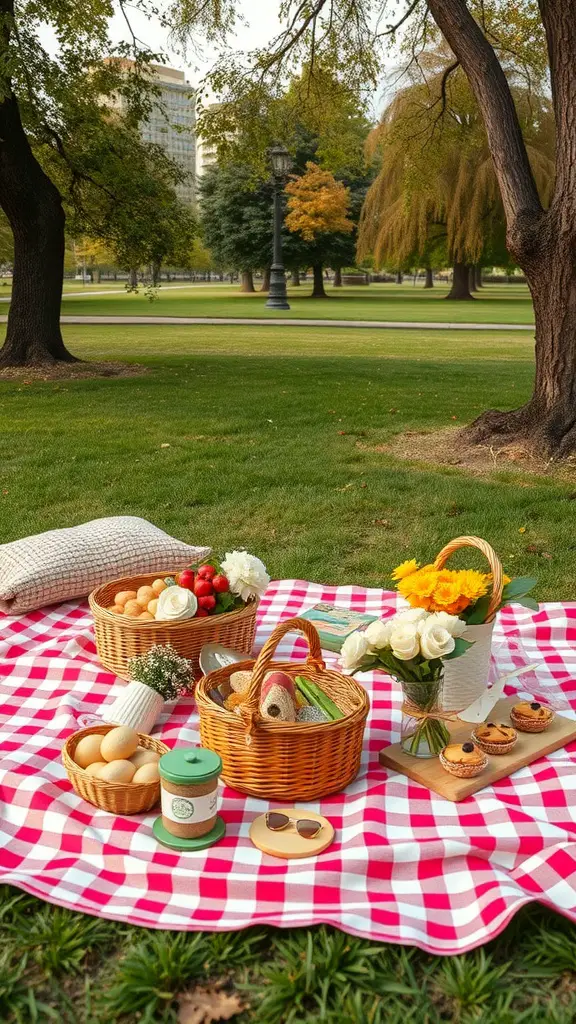 13 Fun Park Birthday Party Ideas for an Unforgettable Celebration 9 A picnic setup in the park with a red and white checkered blanket, baskets of food, and flowers.