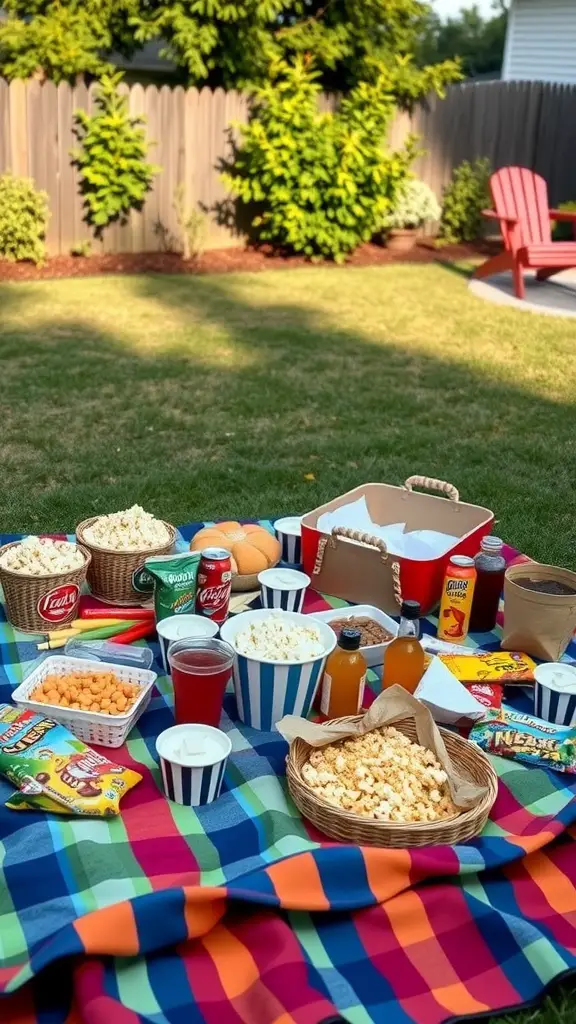 15 Creative Outdoor Movie Night Ideas for Unforgettable Evenings 4 A colorful picnic blanket with snacks and drinks arranged for an outdoor movie night.