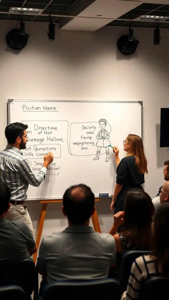 19 Fun Games for Adults to Enjoy at Your Next Gathering 12 Participants engaged in a Pictionary game, with one drawing on a whiteboard and others watching.