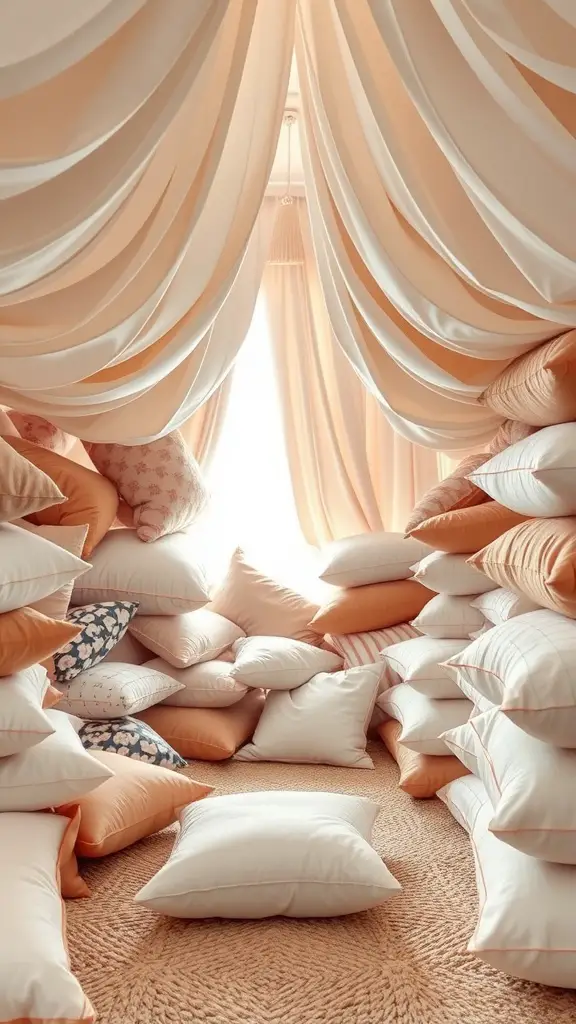 21 Creative Indoor Fort Ideas for Kids 8 Cozy indoor pillow and cushion fort with soft lighting