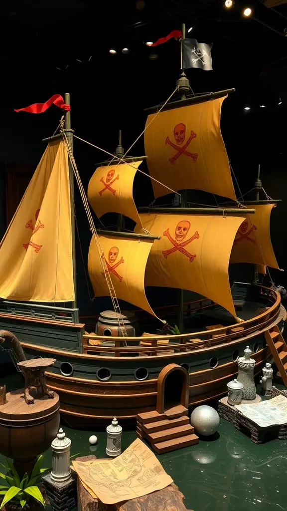 13 Creative Fort Ideas for Endless Indoor Fun 13 A pirate ship fort with yellow sails and skull and crossbones design, surrounded by pirate-themed decor.