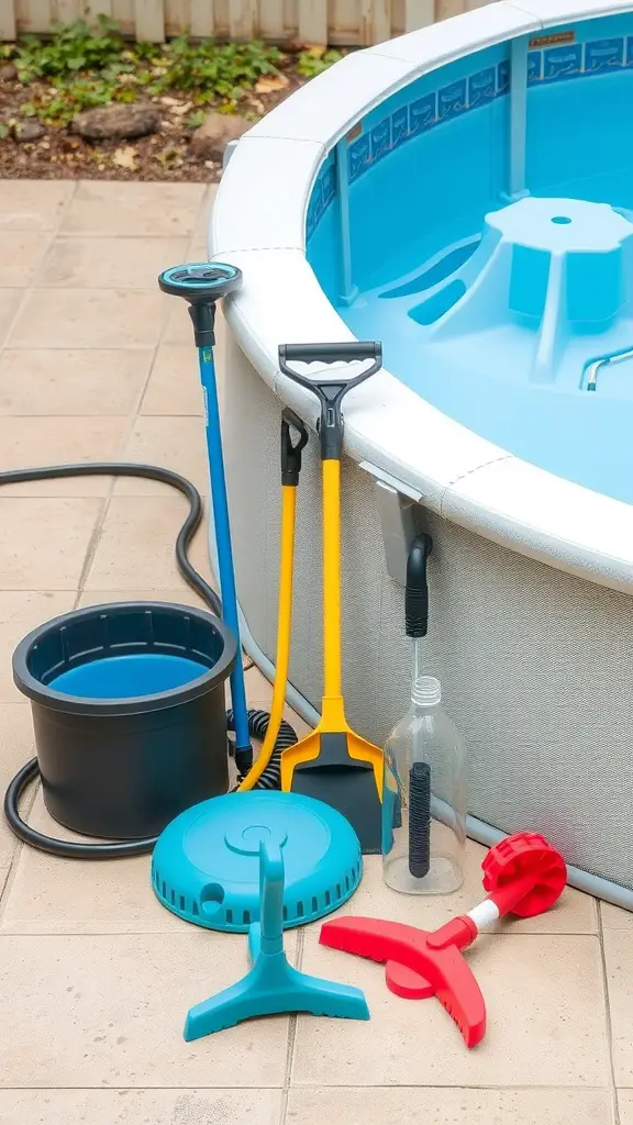 21 Stunning Above Ground Pool Deck Designs for Your Backyard 14 Cleaning tools for pool maintenance arranged near an above ground pool.