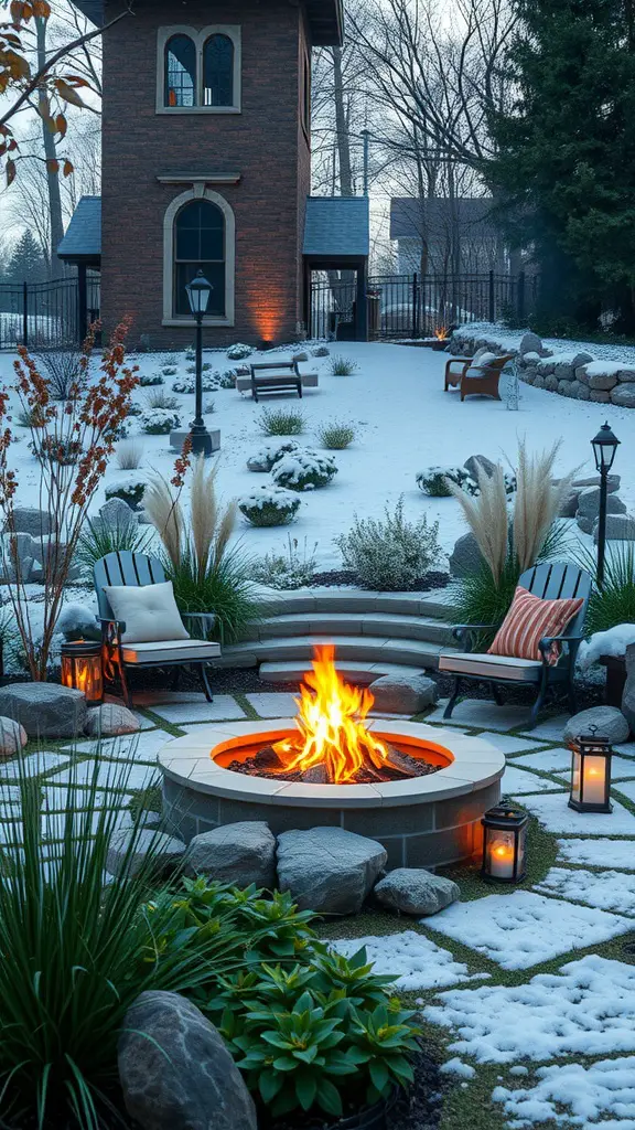 15 Stunning Fire Pit Landscaping Ideas for Your Outdoor Space 14 Fire pit with flames in a winter landscape, surrounded by snow, rocks, and garden plants.