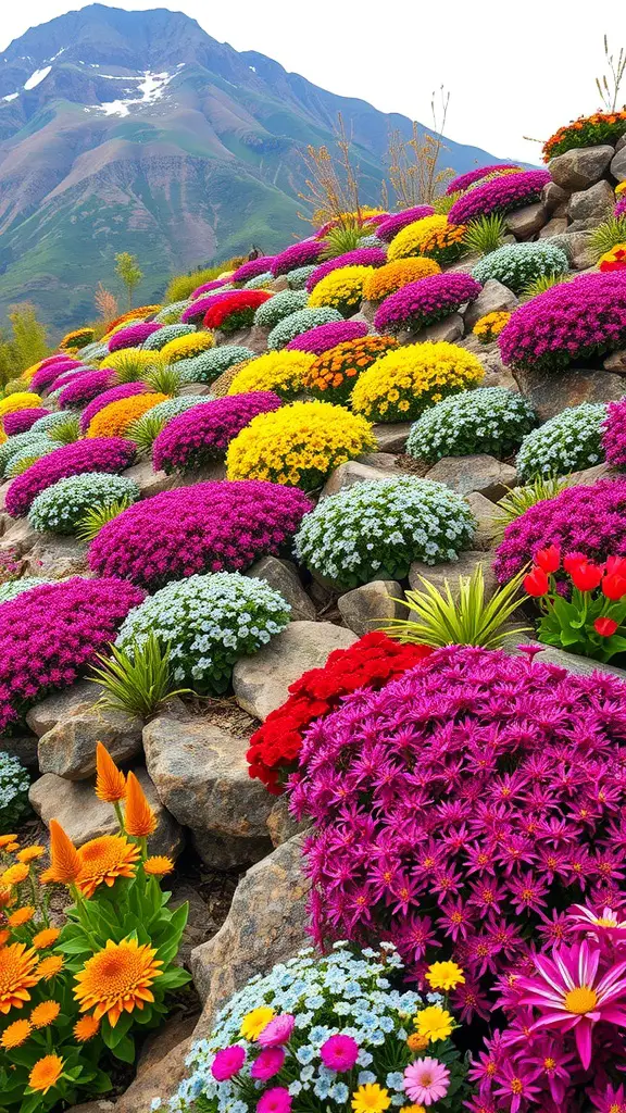 23 Stunning Alpine Garden Ideas for a Breathtaking Landscape 15 A vibrant alpine garden featuring colorful flowers in various shades, arranged among rocks with a mountainous backdrop.