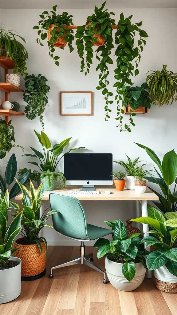 A bright home office filled with various indoor plants arranged around a desk and computer.