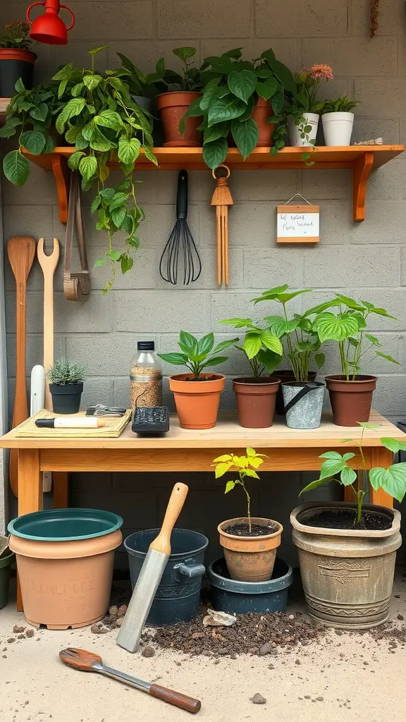 A wooden shelf with various plants and gardening tools on a table beneath, showcasing a plant care corner.