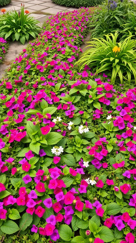 15 Creative Weed Barrier Ideas for Your Garden 15 A garden bed filled with vibrant pink and white flowers, showcasing a lush ground cover.