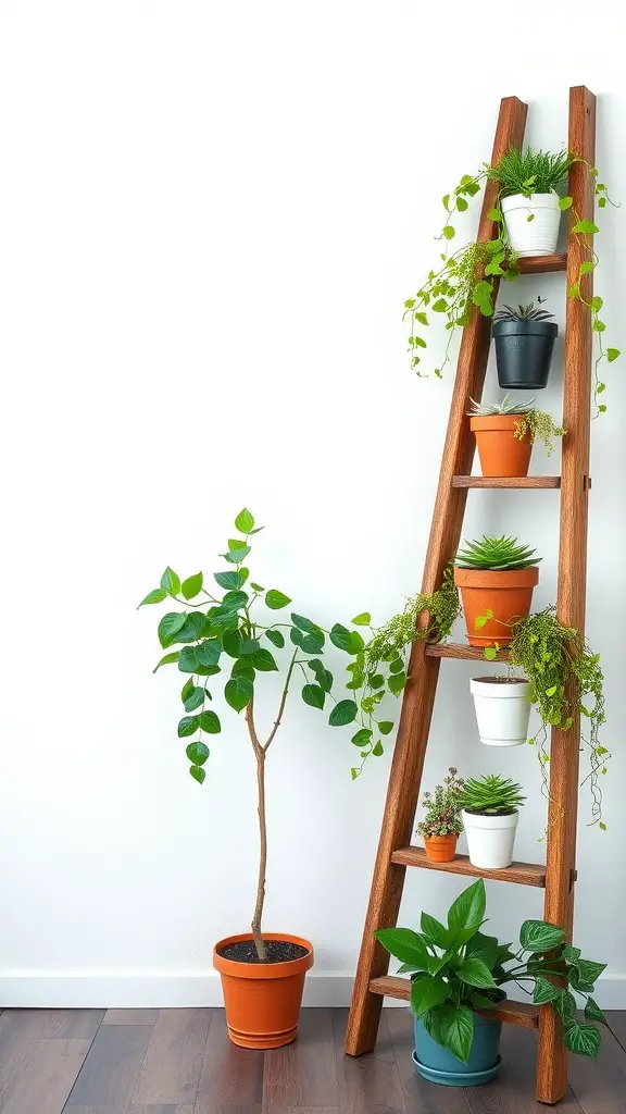 A wooden ladder displaying various potted plants against a white wall, showcasing a rustic touch to home decor.