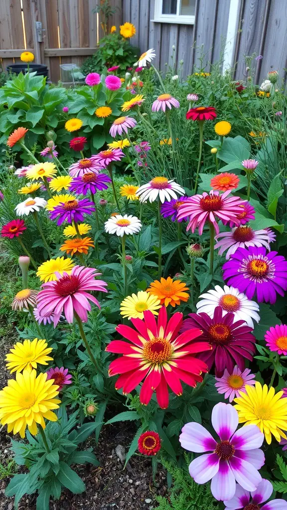 13 Stunning Backyard Makeover Ideas for Your Outdoor Oasis 14 A vibrant garden filled with various seasonal flowers including daisies and marigolds, showcasing a spectrum of colors.