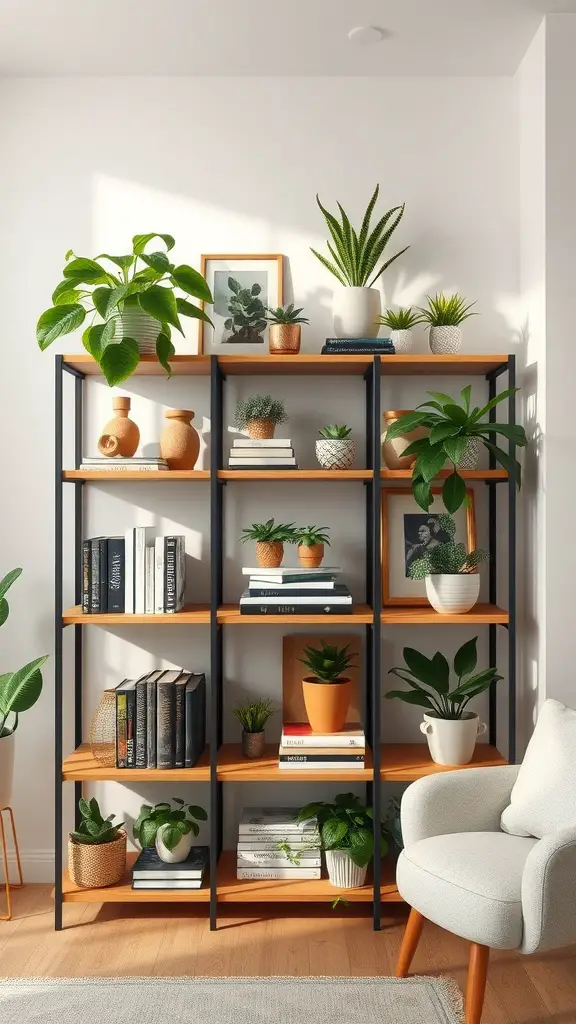 A modern shelf filled with various plants, books, and decorative items, creating a cozy and inviting atmosphere.
