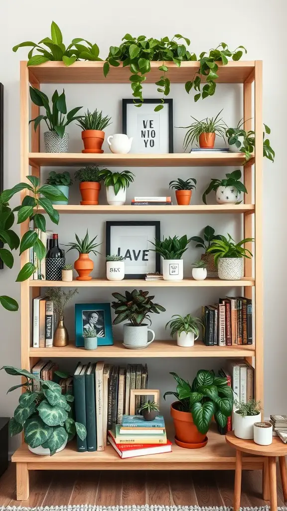 A wooden shelf filled with various indoor plants, pots, books, and decorative items.
