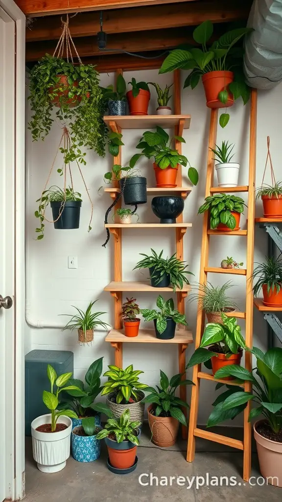 A basement plant room featuring wooden shelves and a ladder arranged with various potted plants.
