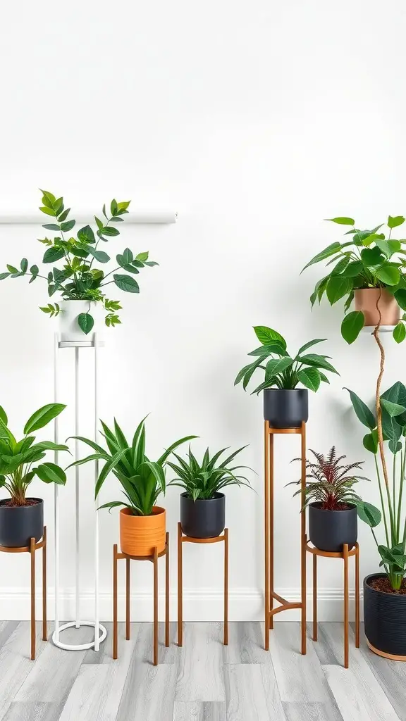 19 Indoor Plant Styling Ideas to Elevate Your Space 7 Various indoor plants on decorative stands in a modern interior setting.