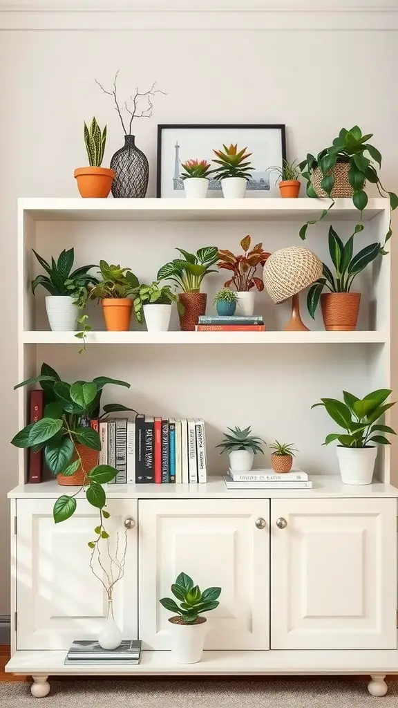 23 Creative Ways to Decorate with Plants in Your Home 6 A well-styled open shelf displaying various plants in different pots, along with books and decorative items.